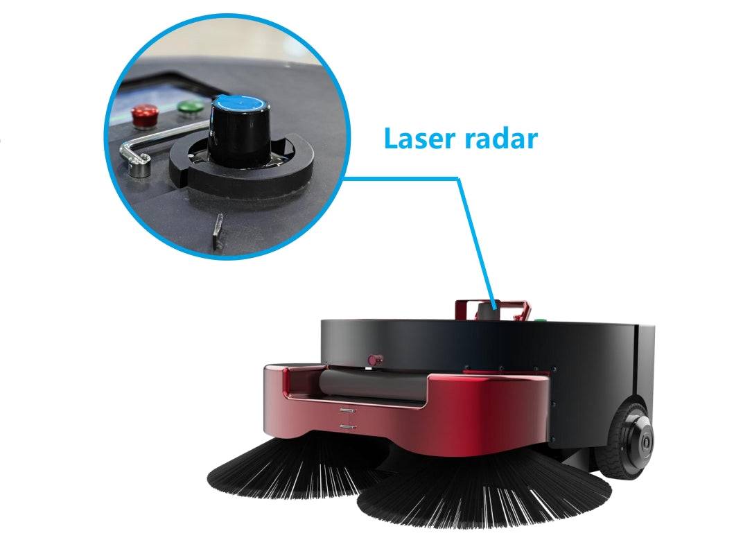 Close-up of ATEAGO S1M Floor Sweeping Robot HERO laser radar sensor for precise navigation in business and industrial environments.