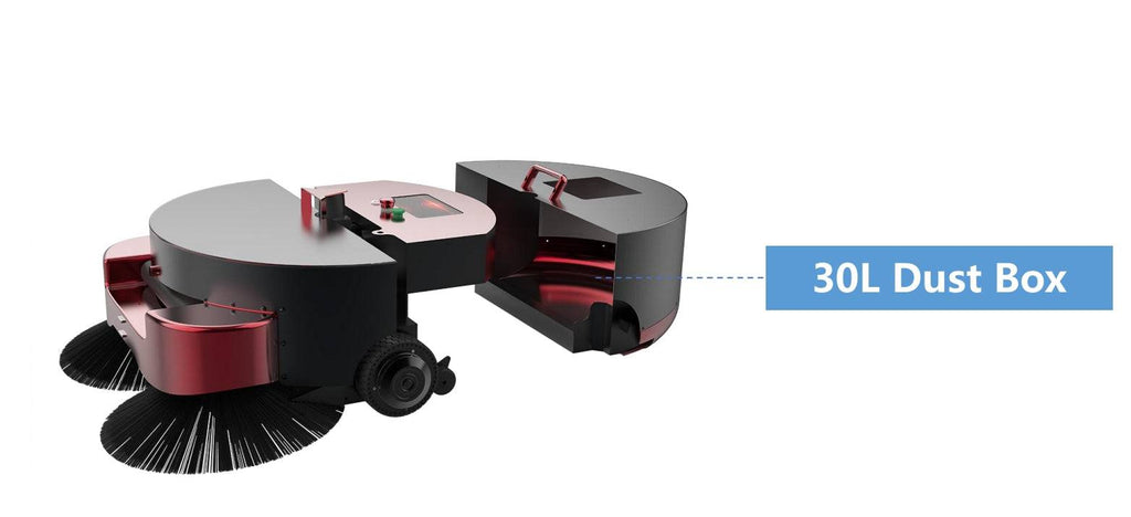 ATEAGO S1M Floor Sweeping Robot HERO with open compartment revealing 30L dust box for high-capacity industrial debris collection.