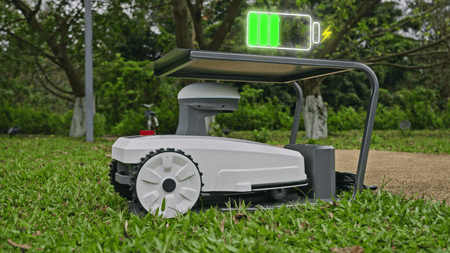 Robotic lawn mower with sensors and app control on grass
