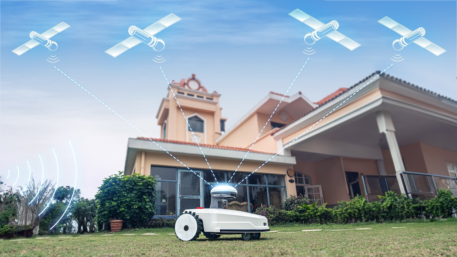 Autonomous lawn mower working on a large golf course or park area