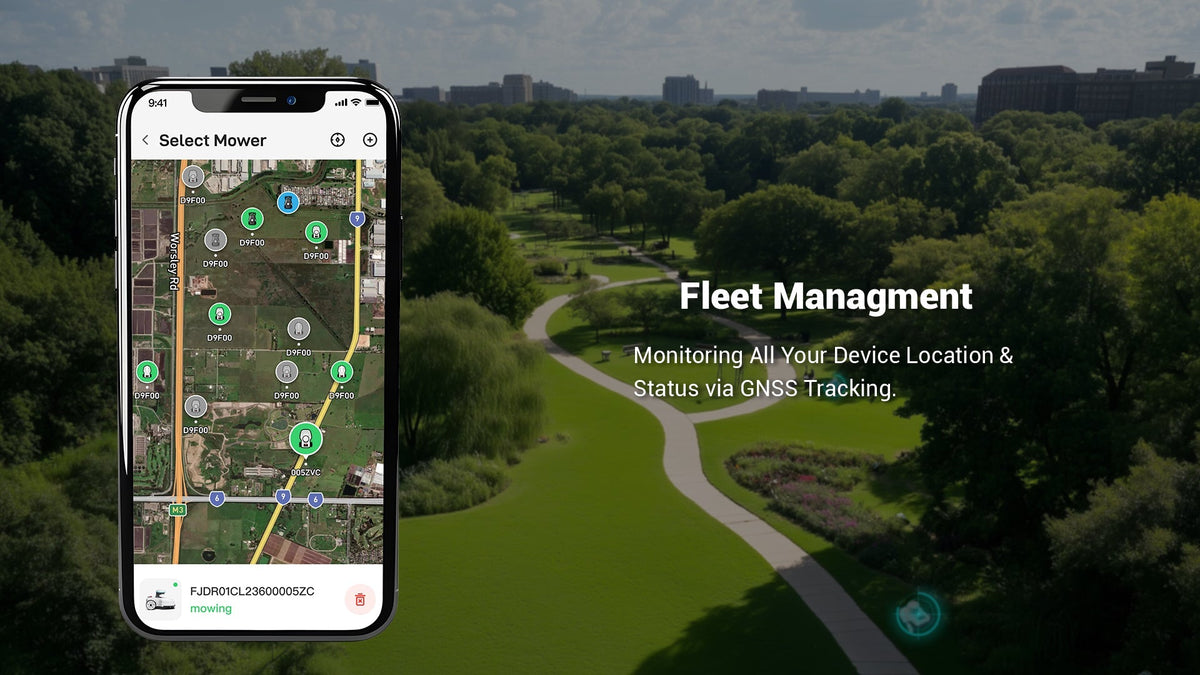 Smartphone app controlling robotic lawn mower on a lush green lawn