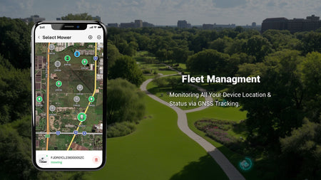 Smartphone app controlling robotic lawn mower on a lush green lawn