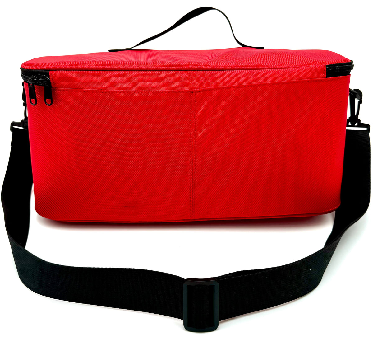 Rear view of HERO Bleed Kit red nylon tote showing durable construction and adjustable black shoulder strap for easy transport in emergencies.