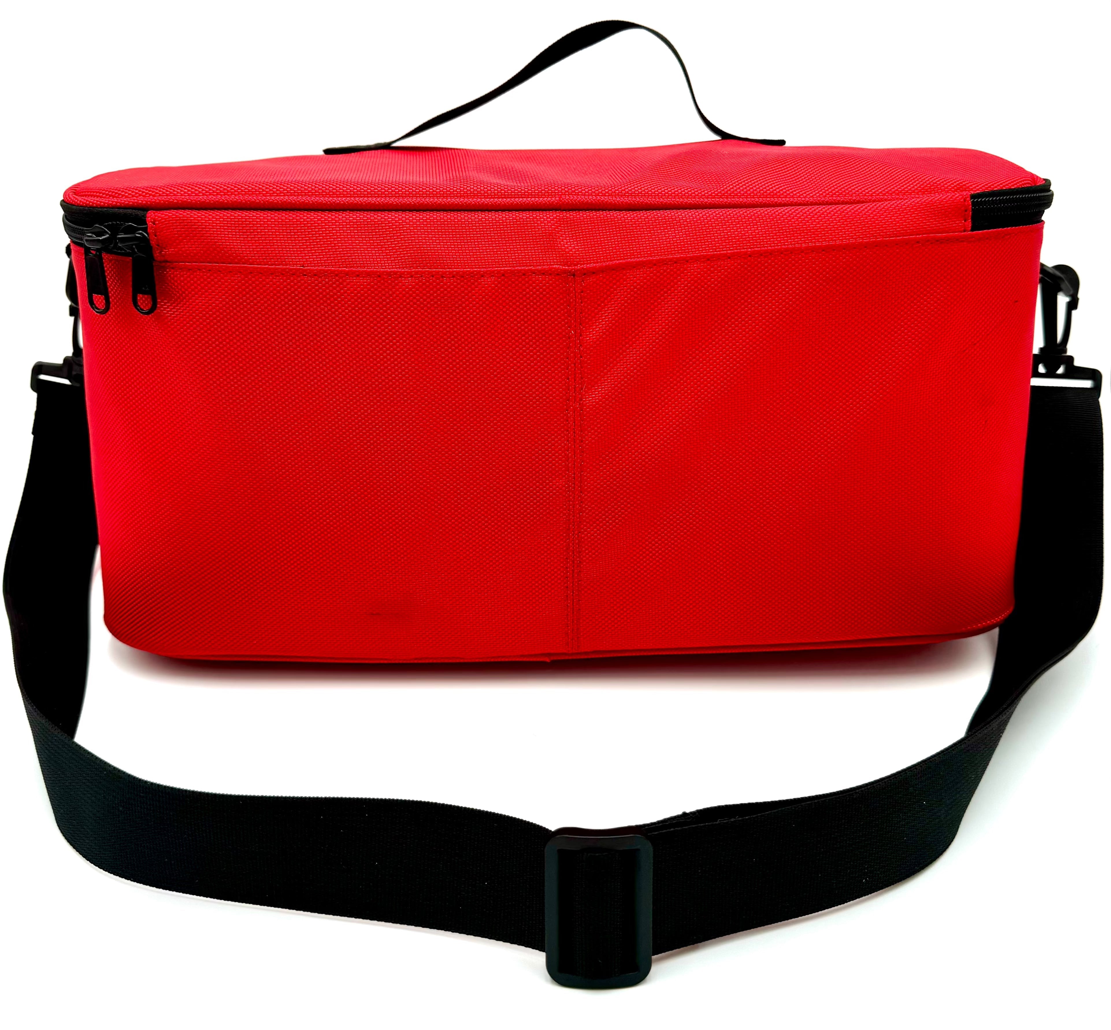 Rear view of HERO Bleed Kit red nylon tote showing durable construction and adjustable black shoulder strap for easy transport in emergencies.