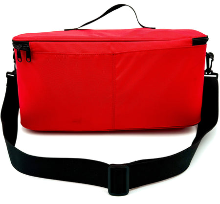Rear view of HERO Bleed Kit red nylon tote showing durable construction and adjustable black shoulder strap for easy transport in emergencies.
