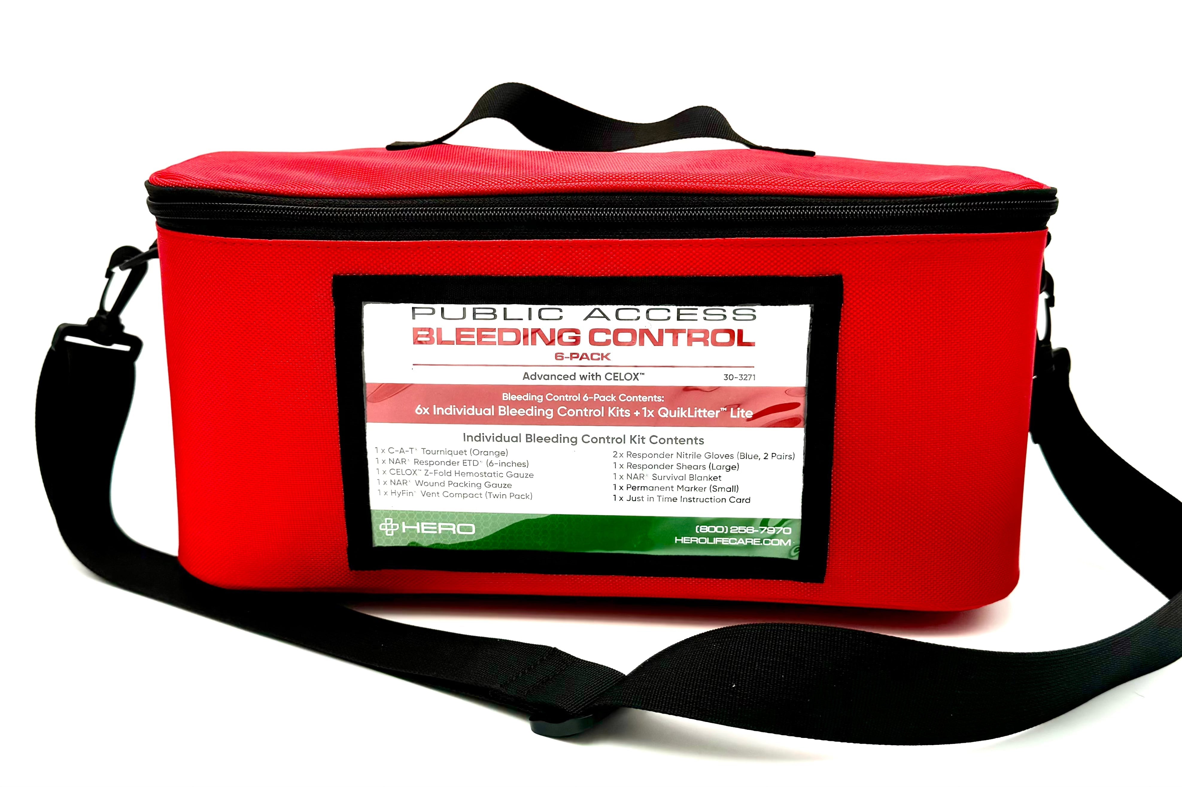 HERO Bleed Kit tote with labeled front panel and adjustable strap, designed for public access and rapid bleeding control in emergency situations.