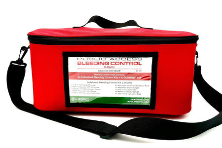 HERO Bleed Kit tote with labeled front panel and adjustable strap, designed for public access and rapid bleeding control in emergency situations.