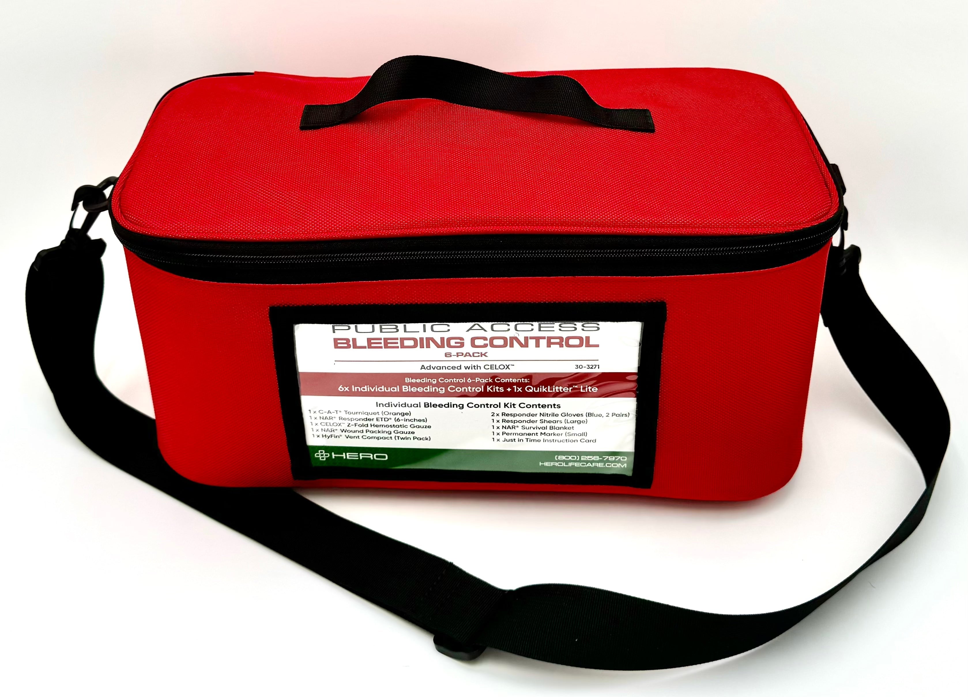 Front view of HERO Public Access Bleed Kit with shoulder strap and labeled emergency contents, designed for quick bleeding control in crises.