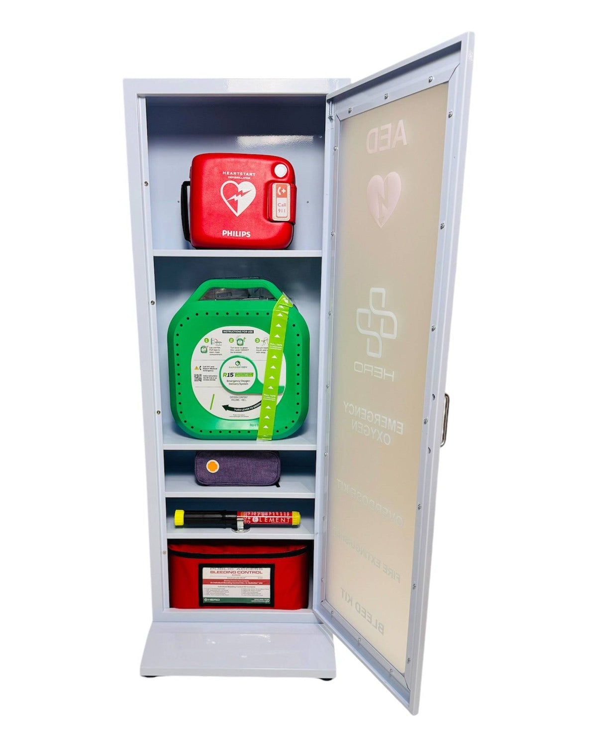 Open HERO5-F Emergency Station showing AED, oxygen unit, Narcan, fire extinguisher, and bleed kit organized on shelves for quick access.