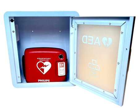 Open AED Cabinet - Wall Mounted Storage for Defibrillator showing red Philips AED inside, designed for quick emergency access at home or office.