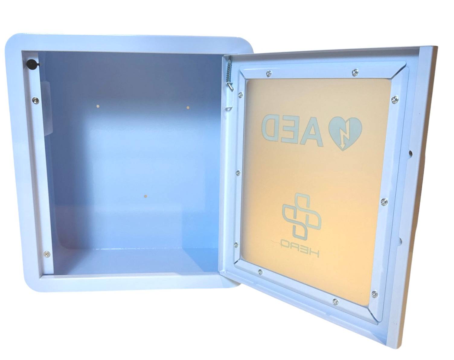 Interior view of AED Cabinet - Wall Mounted Storage for Defibrillator with open door, highlighting spacious compartment for any AED model.