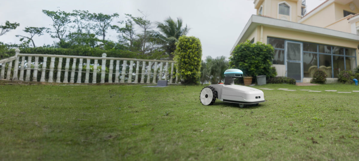 Robotic lawn mower on a well-maintained lawn with surrounding trees and bushes