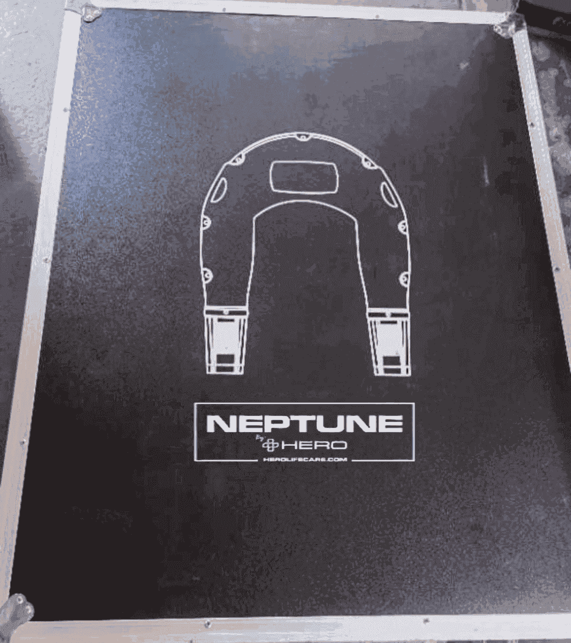 Protective carrying case for Neptune 10: Water Rescue Drone featuring a printed outline of the drone and Neptune Hero branding for secure transport and storage.
