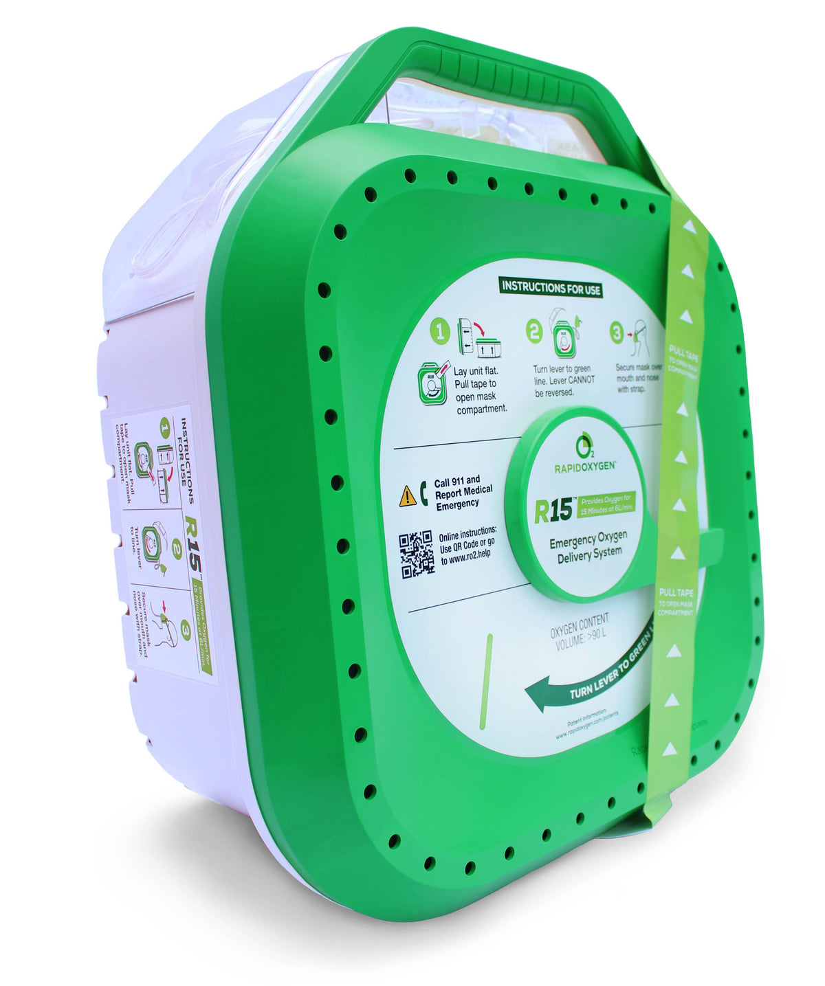 R15 Emergency Oxygen Delivery System with handle and usage instructions, fits in HERO2 Emergency Cabinet for quick oxygen access.