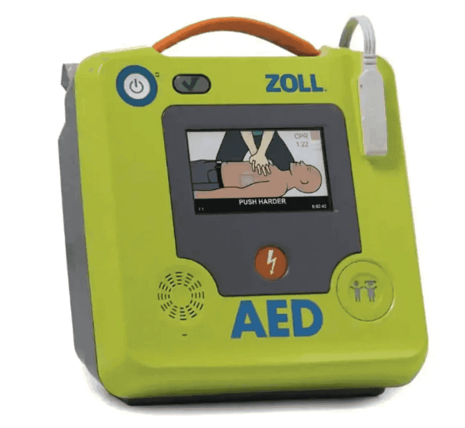 ZOLL AED device with screen and controls, compatible with HERO2 Emergency Cabinet for fast cardiac emergency response.