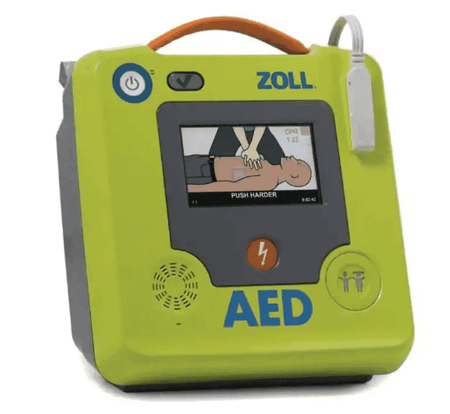 ZOLL AED device with screen and controls, compatible with HERO2 Emergency Cabinet for fast cardiac emergency response.