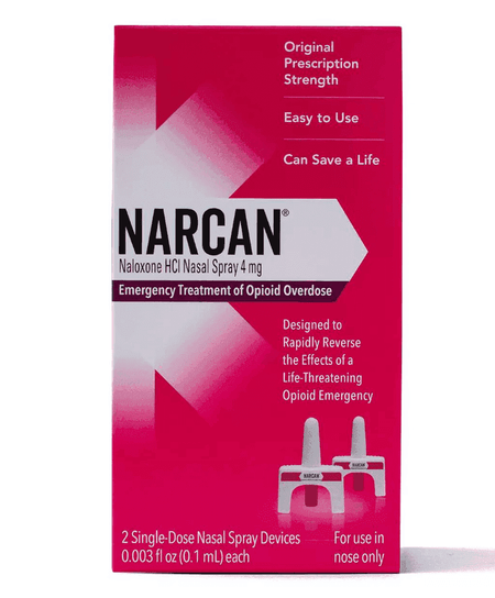 Narcan nasal spray box for opioid overdose treatment, included in the HERO4 Emergency System for rapid response.