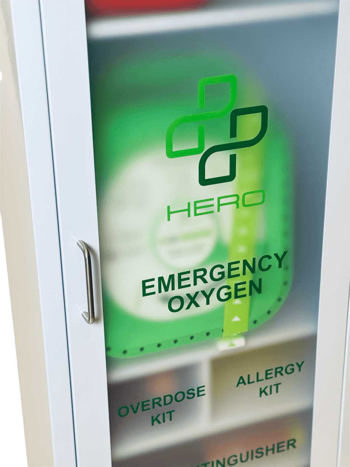 Close-up of HERO6 Emergency Station door with labeled emergency oxygen, overdose kit, allergy kit, and fire extinguisher compartments.