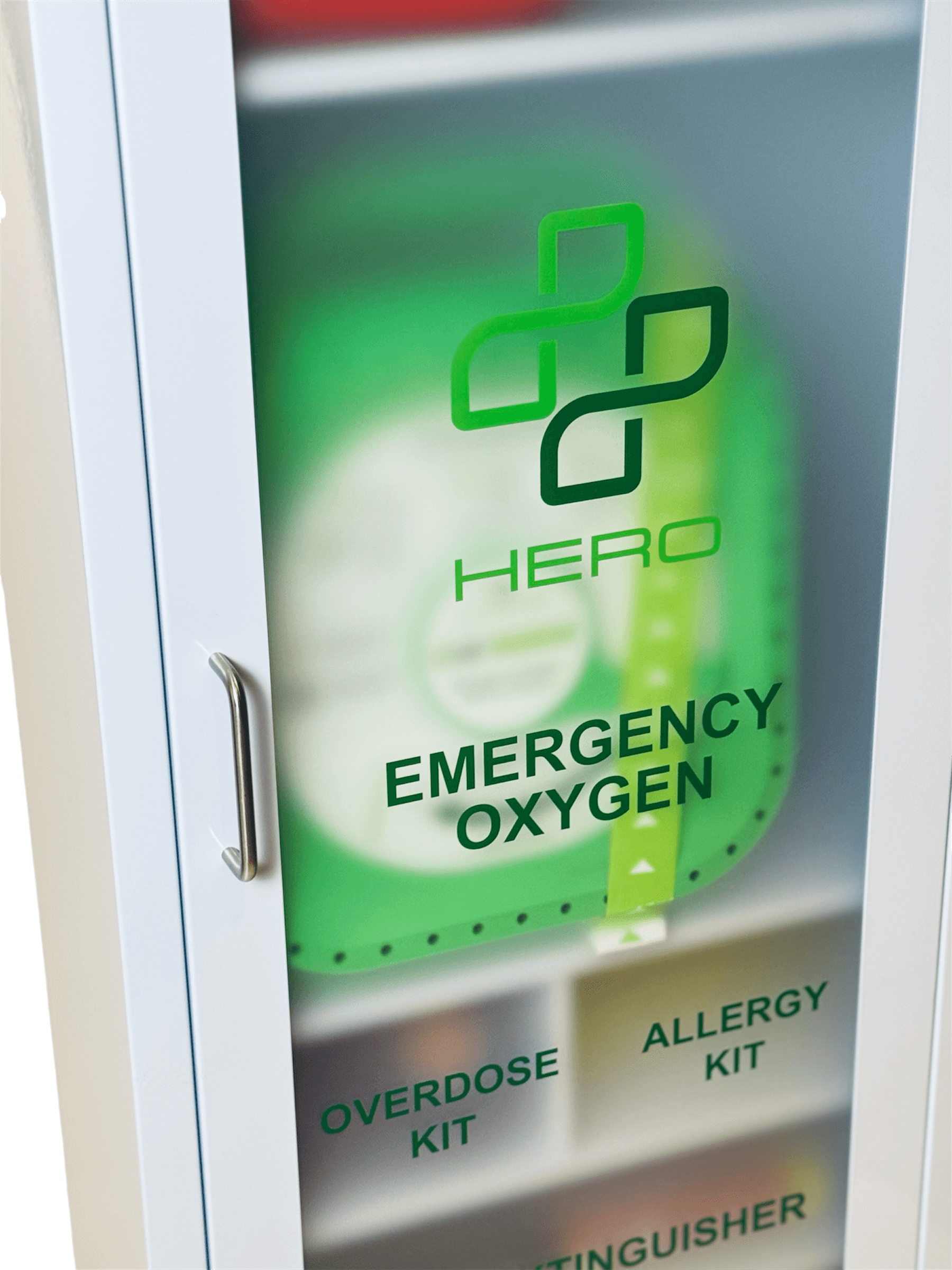 Close-up of HERO6 Emergency Station door with labeled emergency oxygen, overdose kit, allergy kit, and fire extinguisher compartments.