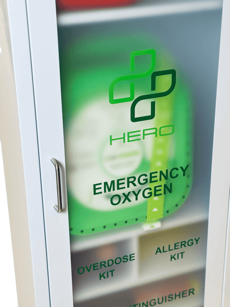 Close-up of HERO6 Emergency Station door with labeled emergency oxygen, overdose kit, allergy kit, and fire extinguisher compartments.