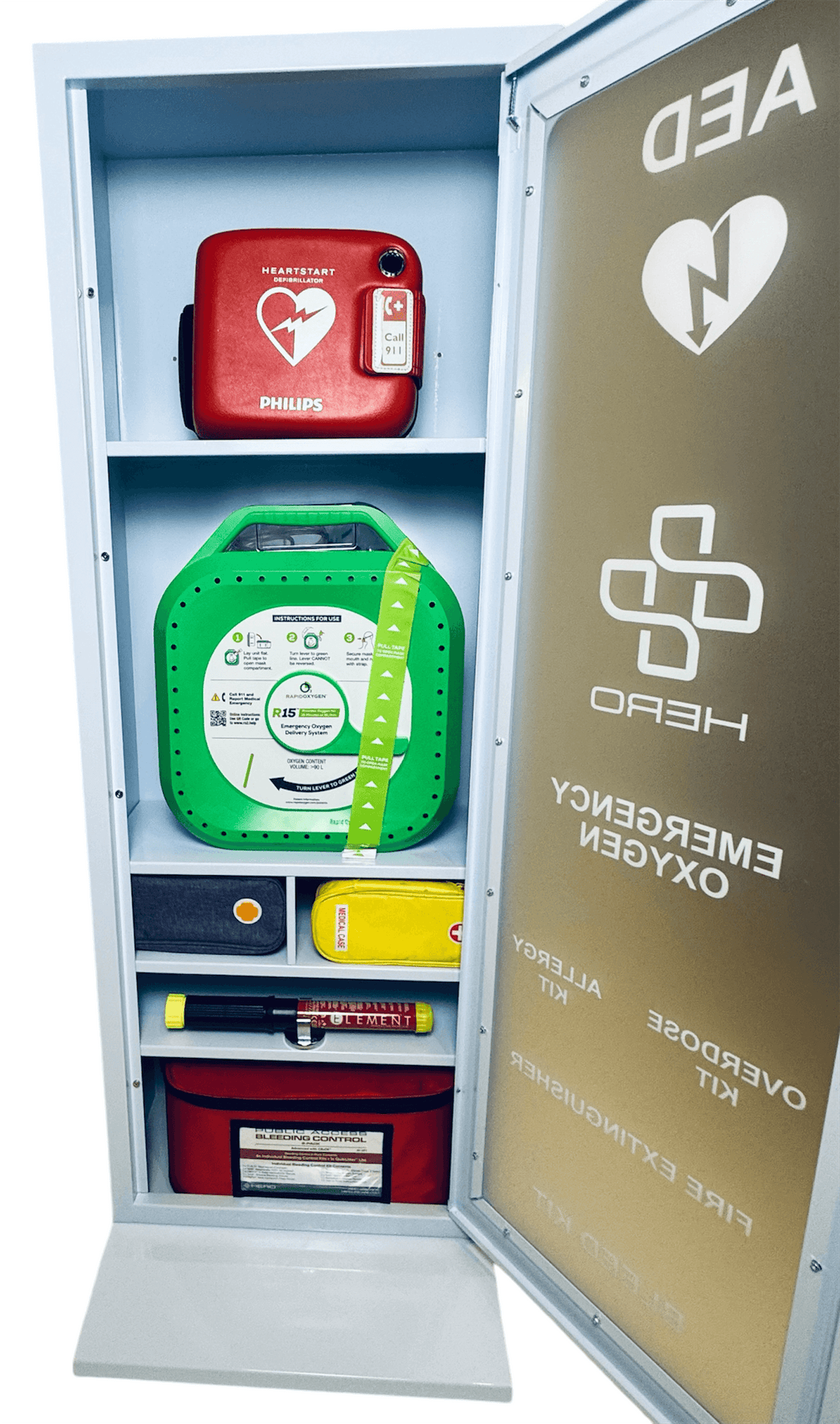 Open HERO6 Emergency Station showing organized AED, oxygen unit, Narcan, allergy kit, and fire extinguisher for fast emergency access.
