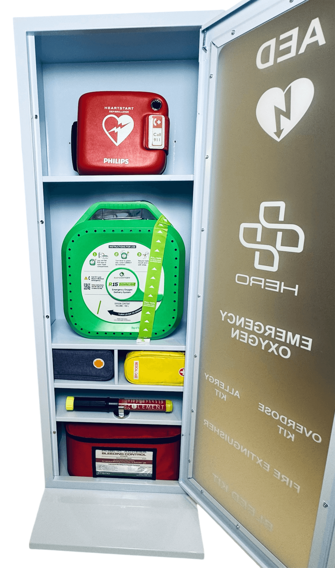 Open HERO6 Emergency Station showing organized AED, oxygen unit, Narcan, allergy kit, and fire extinguisher for fast emergency access.