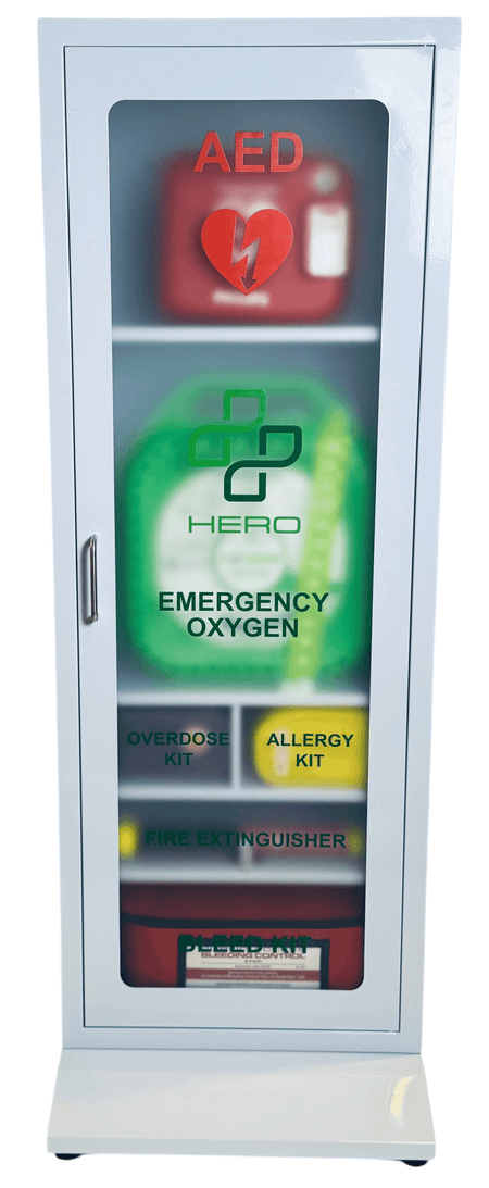 HERO6 Emergency Station smart cabinet with AED, oxygen, Narcan, allergy kit, and fire extinguisher for emergency preparedness.