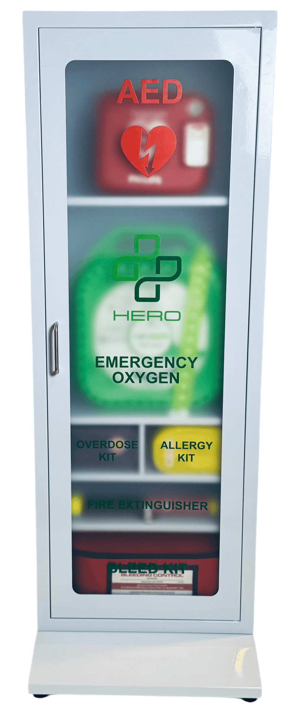 HERO6 Emergency Station smart cabinet with AED, oxygen, Narcan, allergy kit, and fire extinguisher for emergency preparedness.