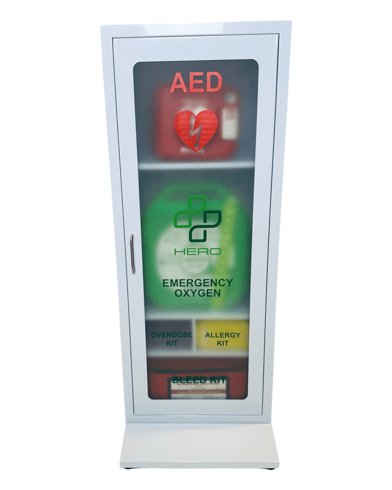 HERO5-E Emergency Station smart cabinet with AED, oxygen, Narcan, bleed kit, and allergy kit for home and workplace emergency preparedness.