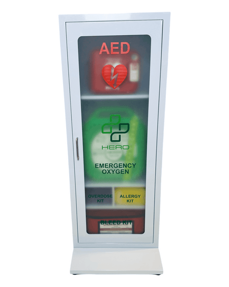HERO5-E Emergency Station smart cabinet with AED, oxygen, Narcan, bleed kit, and allergy kit for home and workplace emergency preparedness.