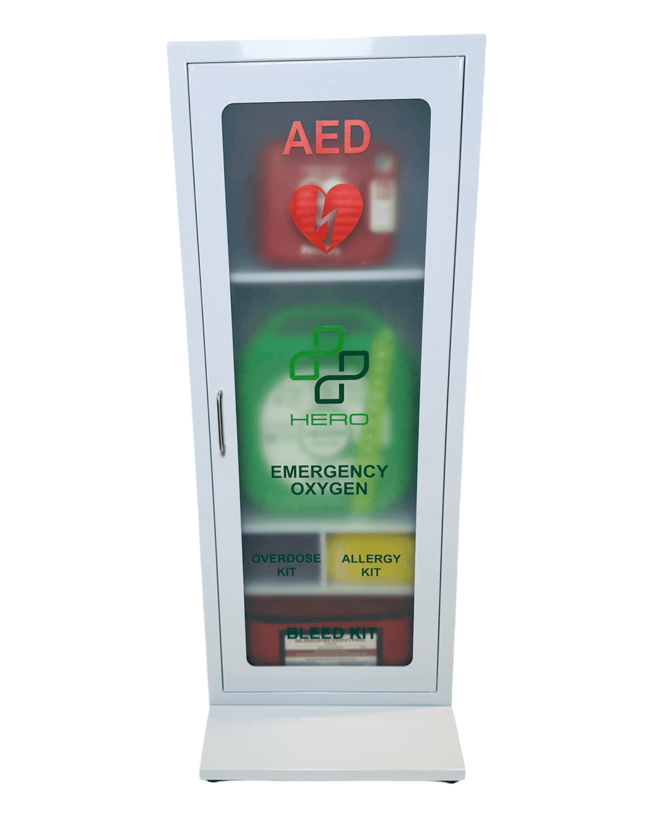 HERO5-E Emergency Station smart cabinet with AED, oxygen, Narcan, bleed kit, and allergy kit for home and workplace emergency preparedness.