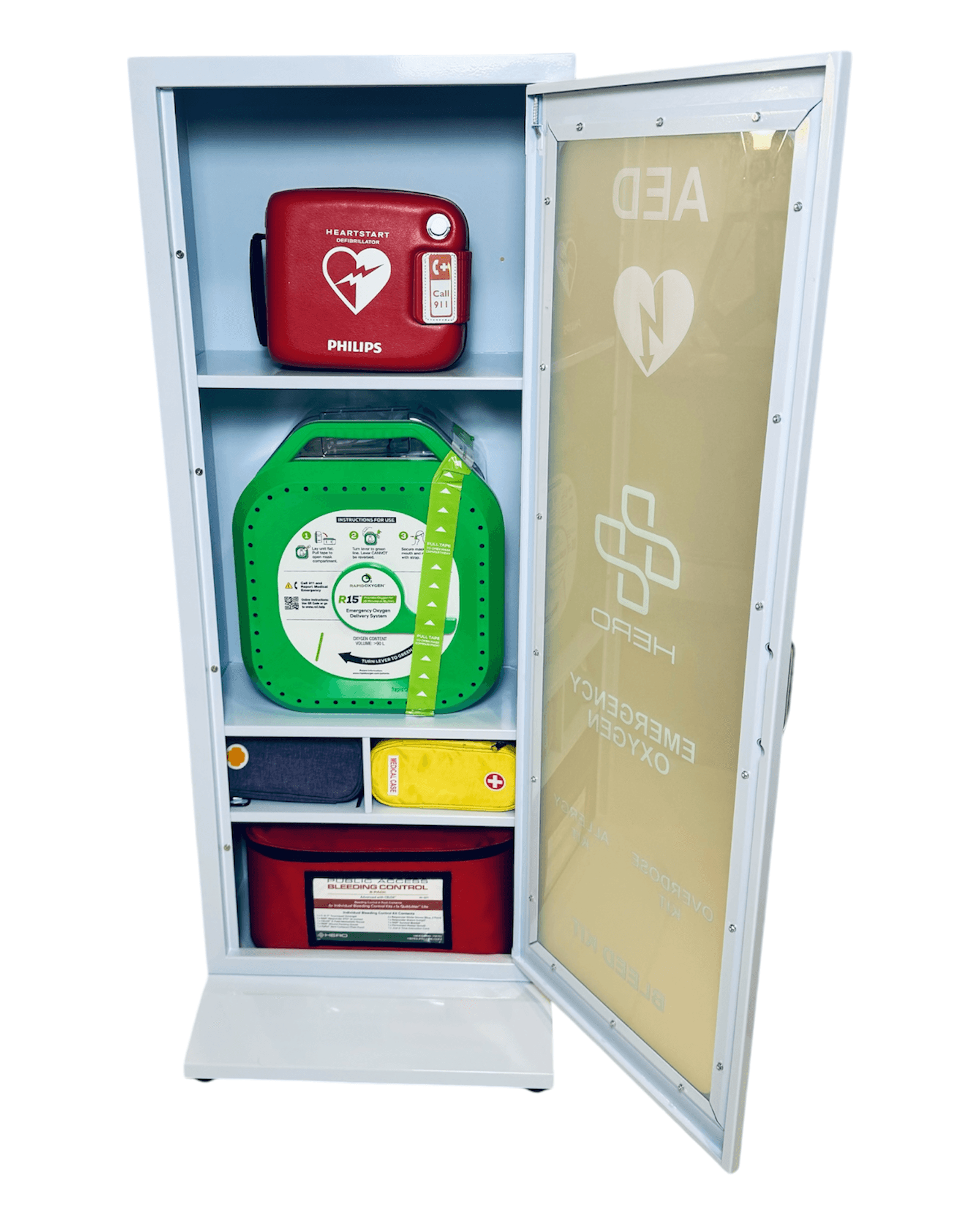Open HERO5-E Emergency Station showing organized AED, oxygen system, Narcan, bleed kit, and allergy kit for rapid emergency response.