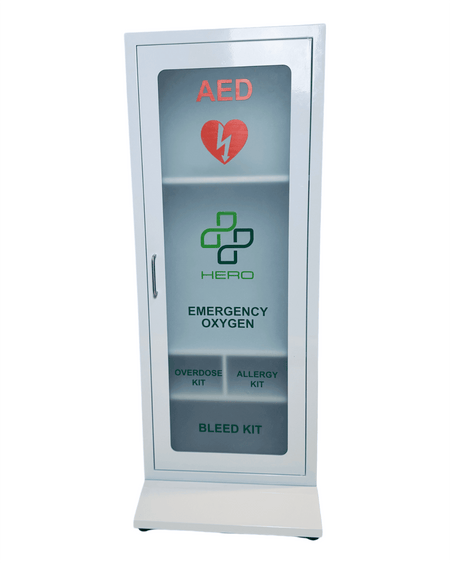 Front view of HERO5-E Emergency Station smart cabinet labeled with AED, emergency oxygen, overdose, allergy, and bleed kits for safety readiness.