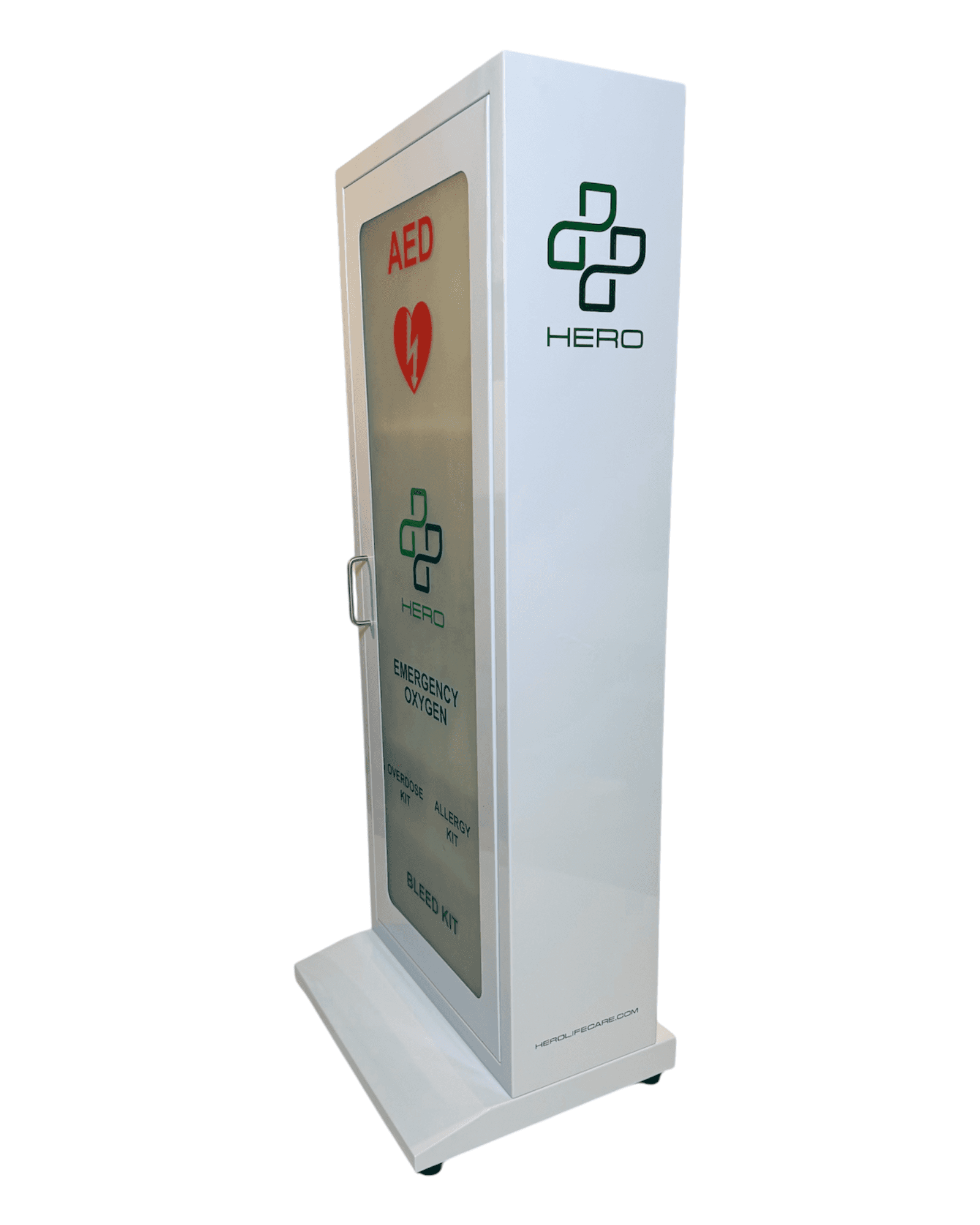 Side angle of HERO5-E Emergency Station cabinet with clear emergency labeling and secure door, ideal for quick access in critical situations.