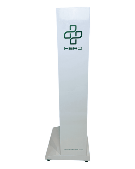 Rear view of HERO5-E Emergency Station smart cabinet with HERO logo, designed for compact emergency equipment storage in public or private spaces.