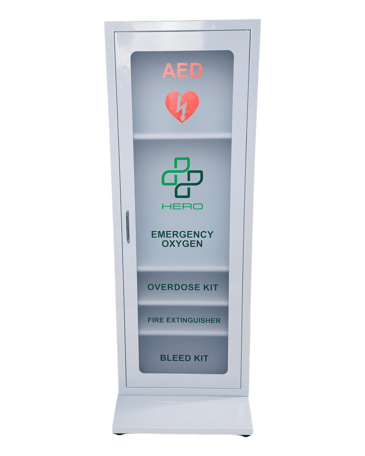 Front view of HERO5-F Emergency Supplies Station labeled with AED, oxygen, overdose kit, fire extinguisher, and bleed kit compartments.