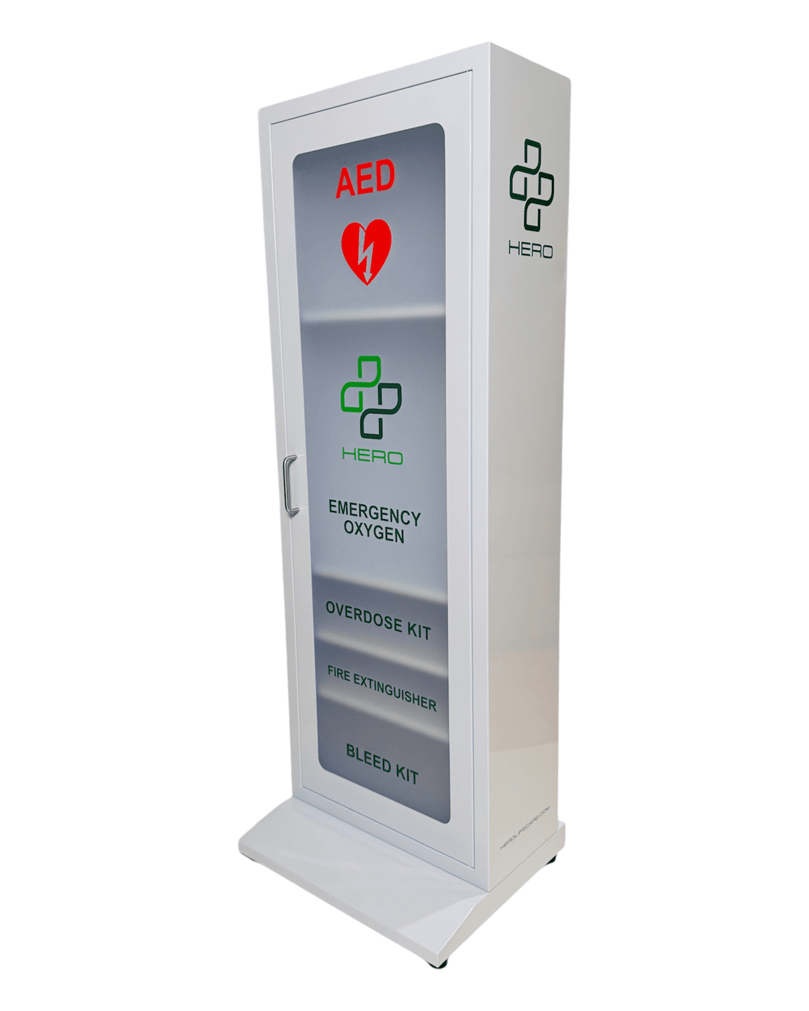 Angled view of HERO5-F Station - Emergency Supplies cabinet with labeled compartments for AED, oxygen, Narcan, fire extinguisher, and bleed kit.