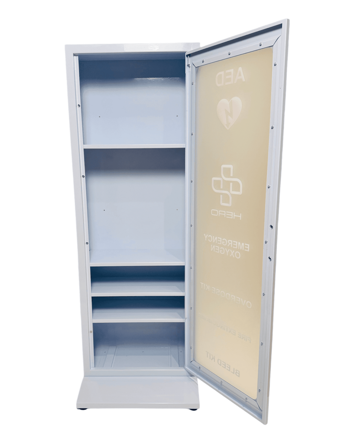 Empty HERO5-F Emergency Cabinet with open door, showing internal shelving for customizable emergency supply storage.