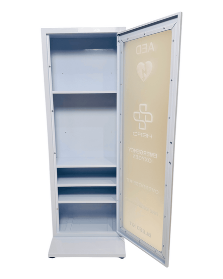 Empty HERO5-F Emergency Cabinet with open door, showing internal shelving for customizable emergency supply storage.