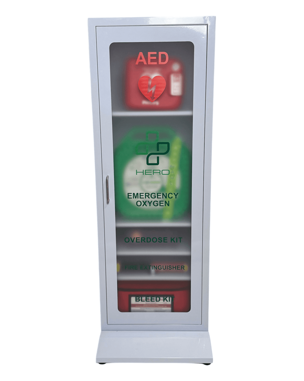HERO5-F Station - Emergency Supplies cabinet with AED, oxygen, Narcan, fire extinguisher, and bleed kit for home or workplace safety.