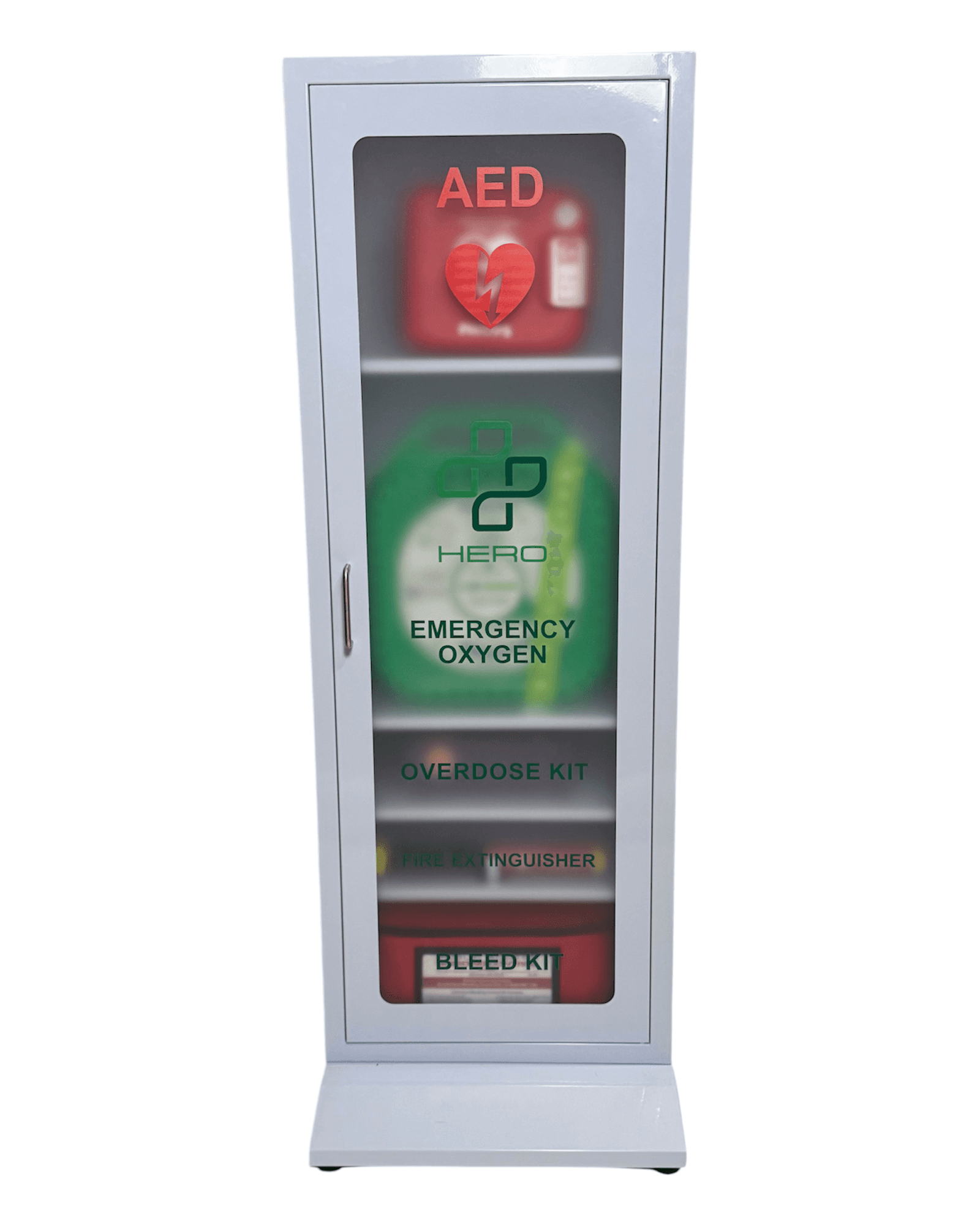 HERO5-F Station - Emergency Supplies cabinet with AED, oxygen, Narcan, fire extinguisher, and bleed kit for home or workplace safety.