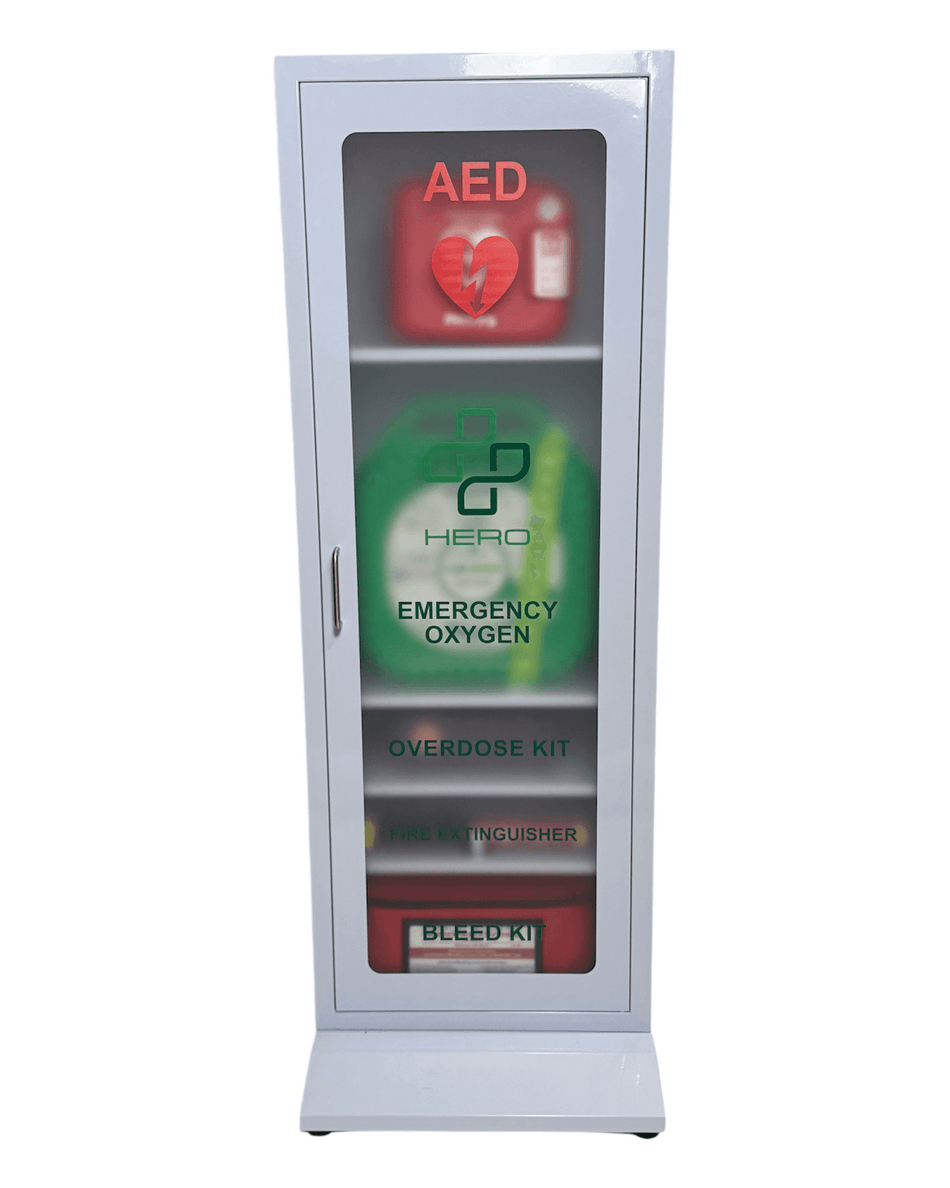 HERO5-F Station - Emergency Supplies cabinet with AED, oxygen, Narcan, fire extinguisher, and bleed kit for home or workplace safety.