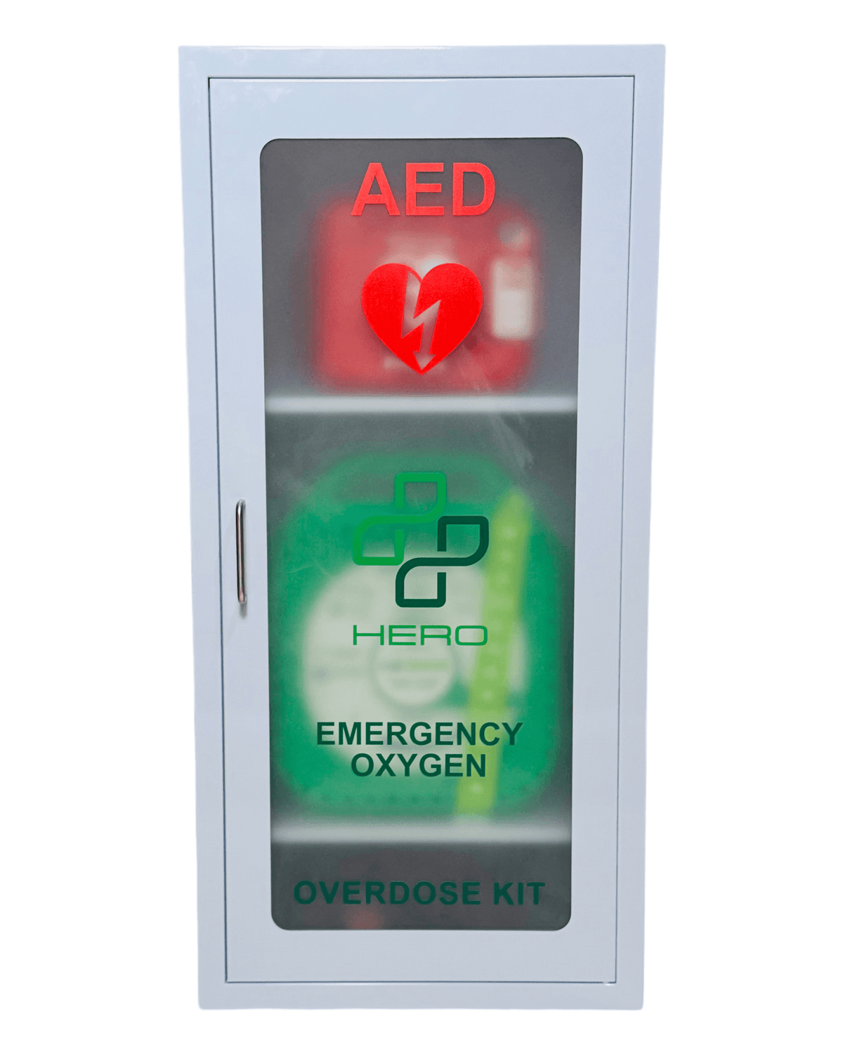 HERO3 Emergency Station smart cabinet with AED, oxygen, and Narcan kit labels on a wall-mounted unit for emergency preparedness in public areas.