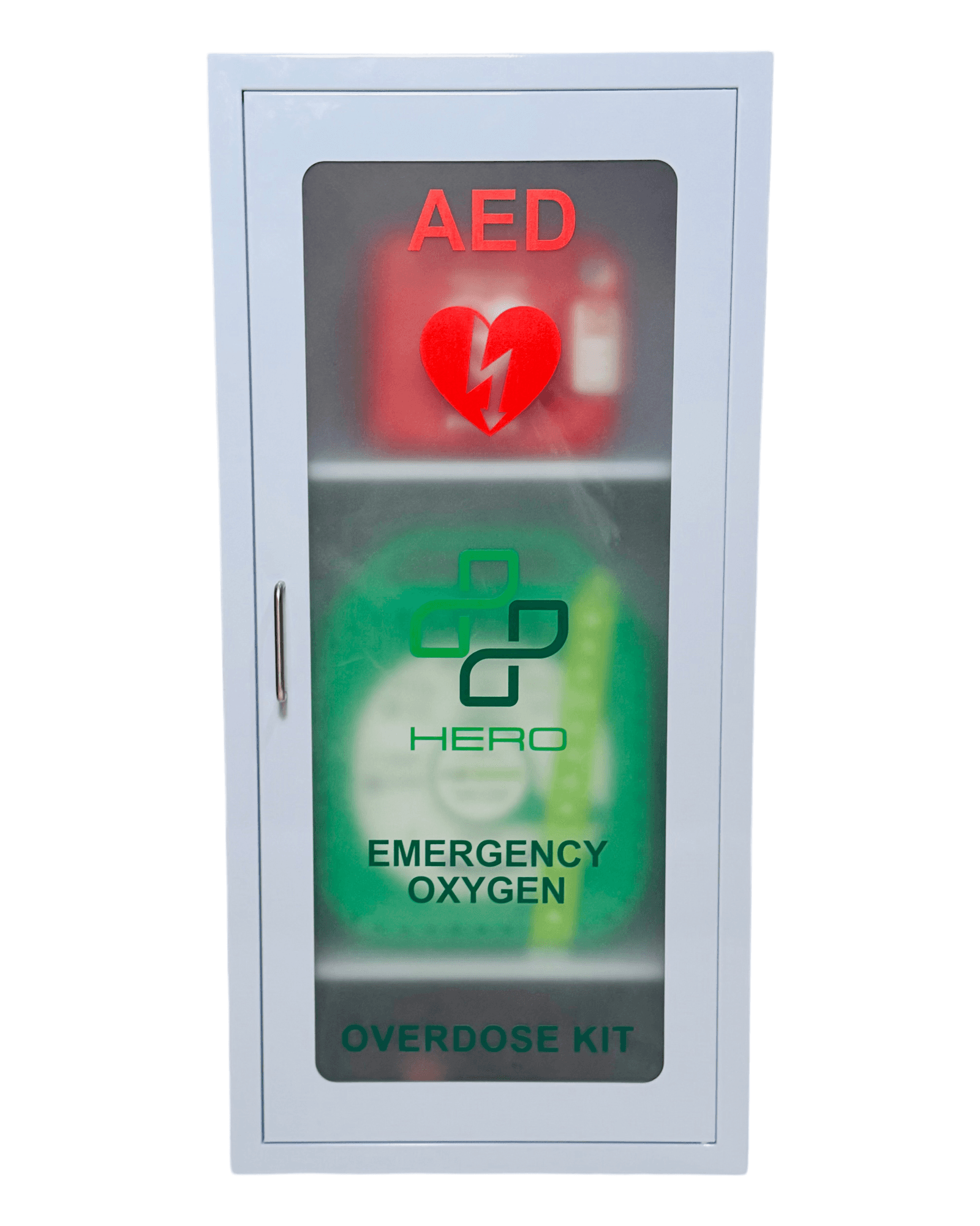 HERO3 Emergency Station smart cabinet with AED, oxygen, and Narcan kit labels on a wall-mounted unit for emergency preparedness in public areas.