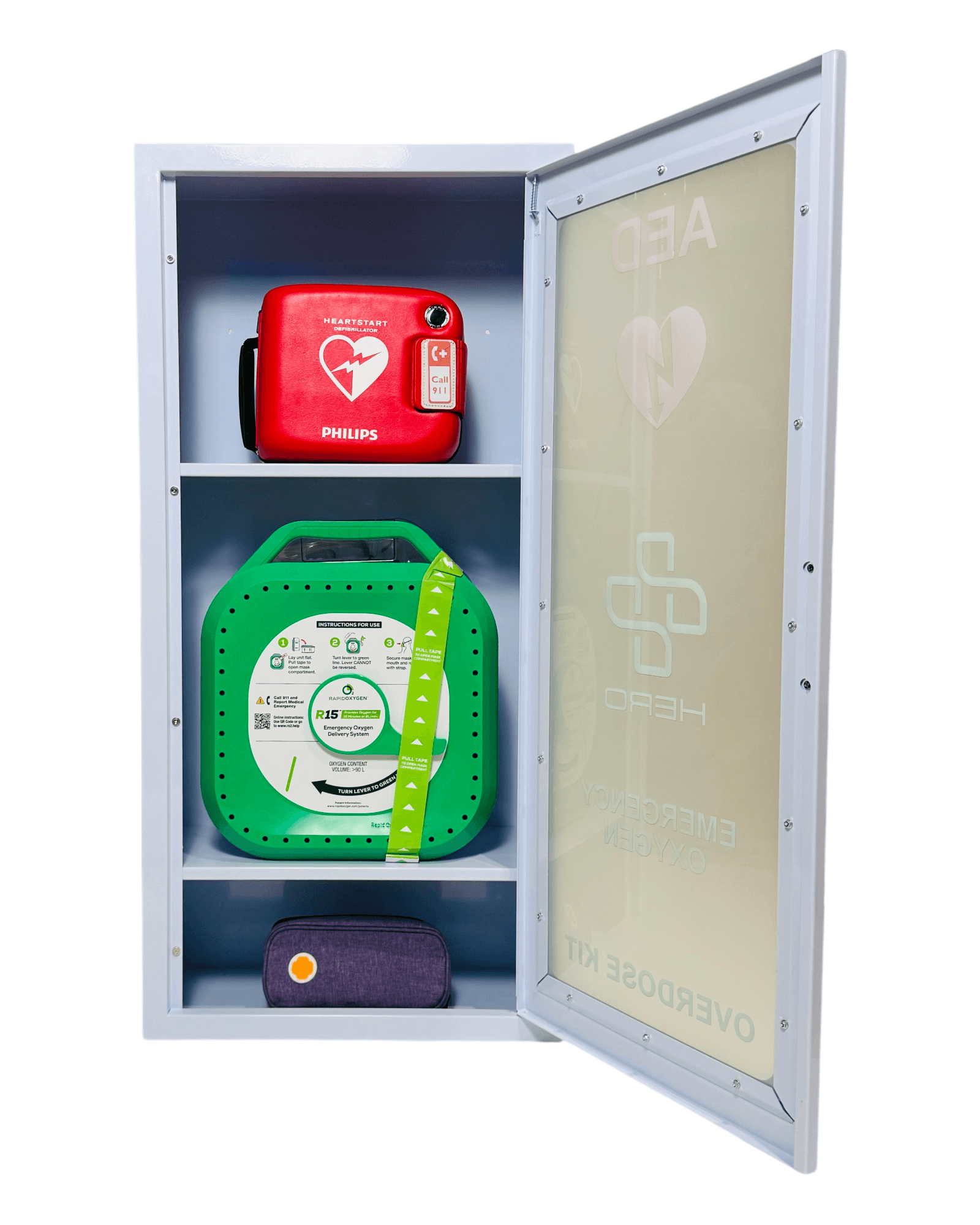 Open HERO3 Emergency Station showing AED, emergency oxygen system, and Narcan kit neatly stored in a smart cabinet for fast emergency response.