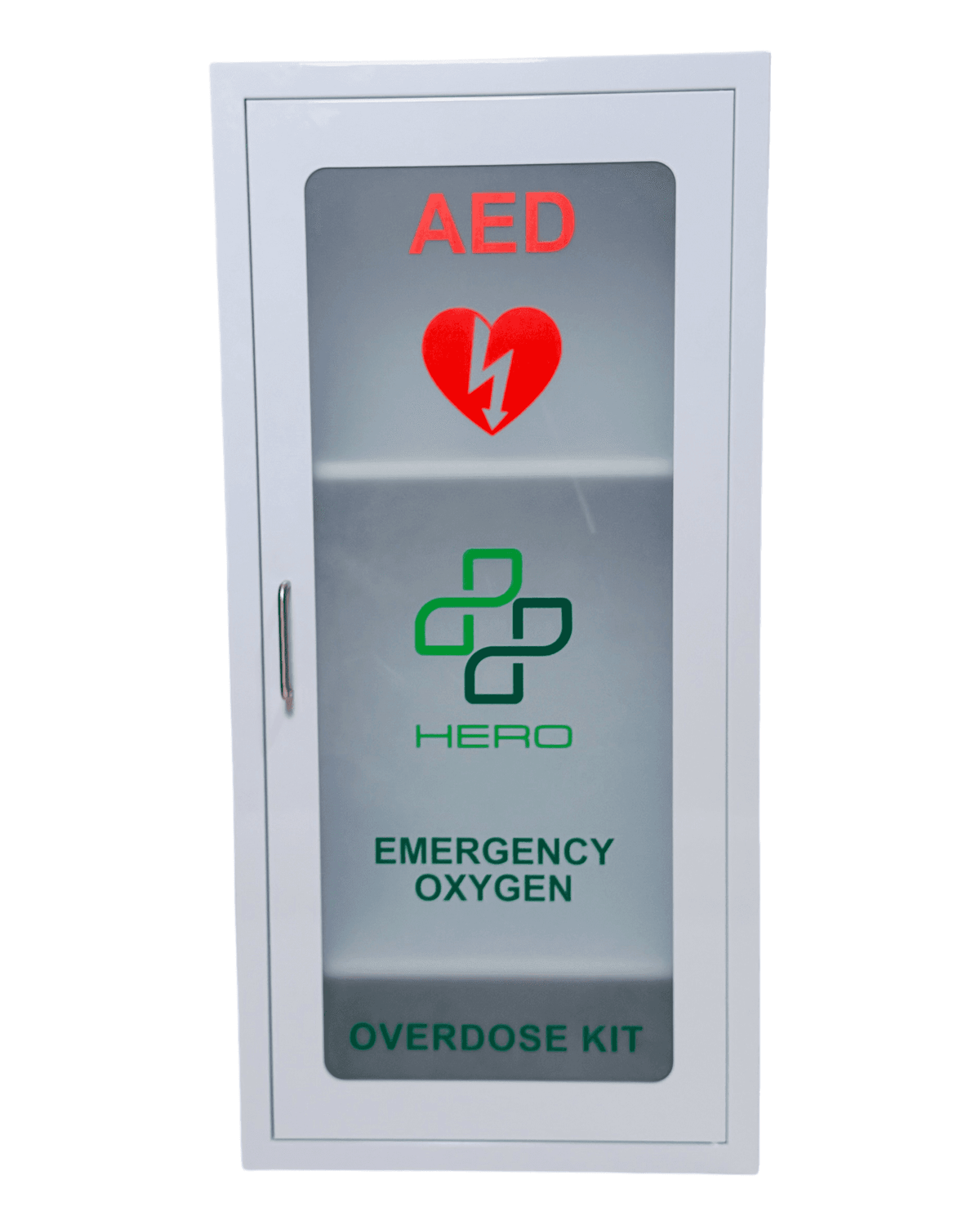 Front view of HERO3 Emergency Station cabinet labeled for AED, emergency oxygen, and overdose kit, ideal for offices and public safety zones.