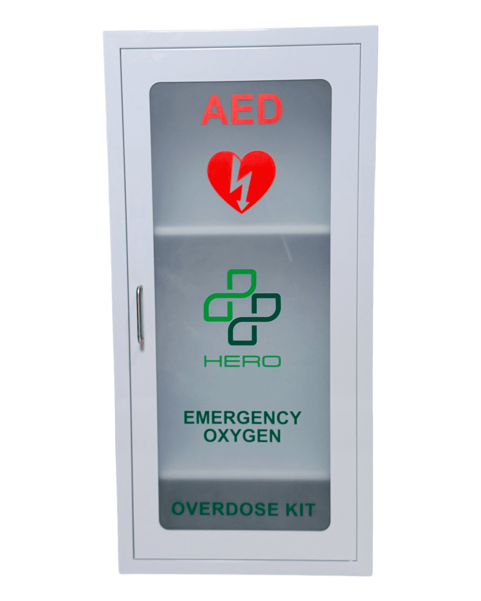 Front view of HERO3 Emergency Station cabinet labeled for AED, emergency oxygen, and overdose kit, ideal for offices and public safety zones.