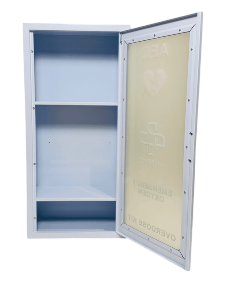 Empty HERO3 Emergency Station cabinet with open door, ready to be stocked with AED, oxygen, and Narcan for emergency preparedness use.