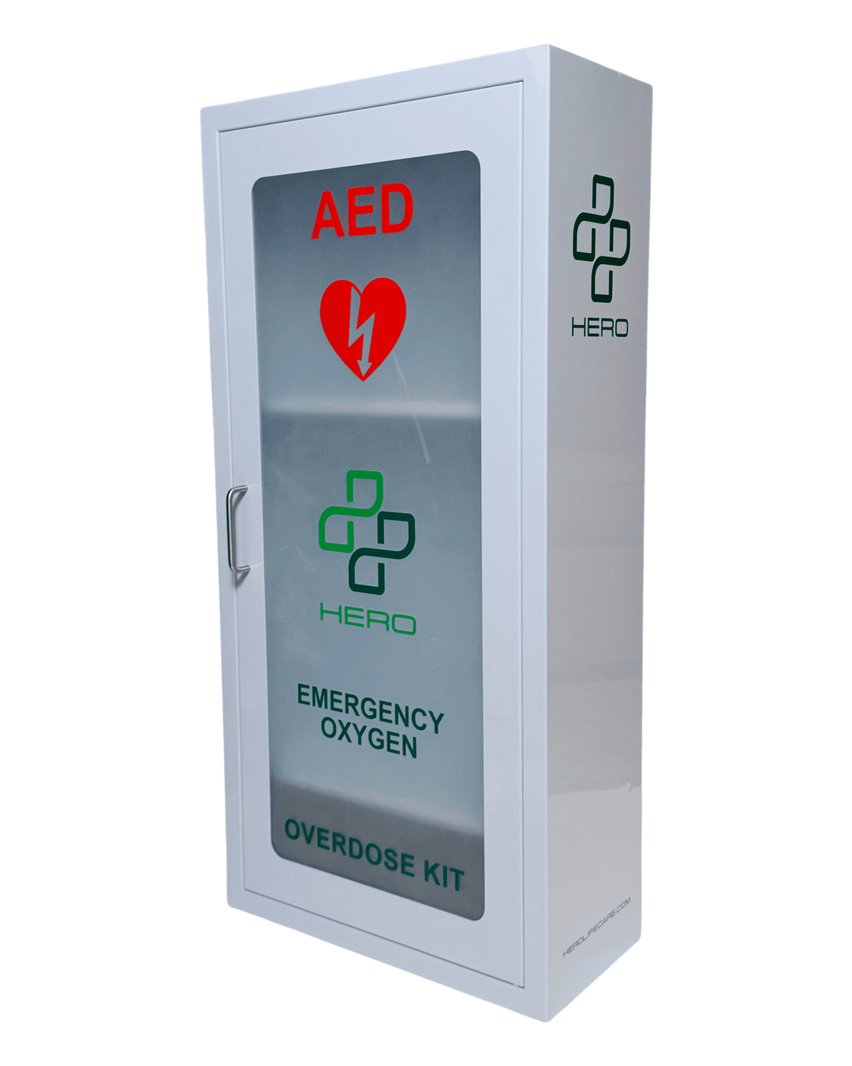 Angled view of HERO3 Emergency Station smart cabinet with emergency labels, designed for storing AED, oxygen, and Narcan in high-traffic areas.