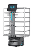 Carrybot 3 - Warehouse Logistics Robot with shelving system and digital face display, designed for industrial automation and smart transport.